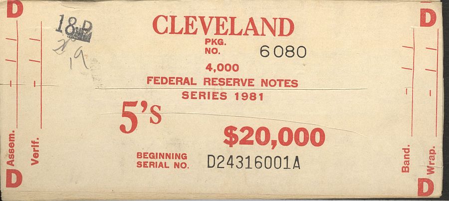 Fr.1976-D, BEP $20,000 Brick Packaging Label, 1981 Cleveland $5 FRNs, D-A Block